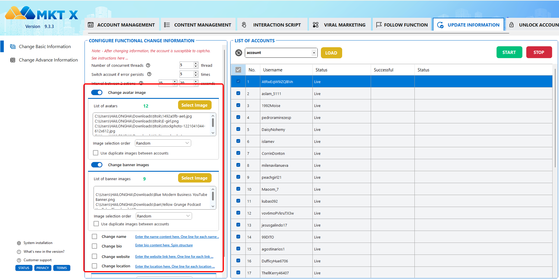 Change Accounts Information on MKT X